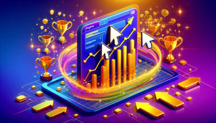 Vibrant digital banner with clicking cursors transforming into rising graphs and golden trophies, illustrating the impact of CTR on advertising success.