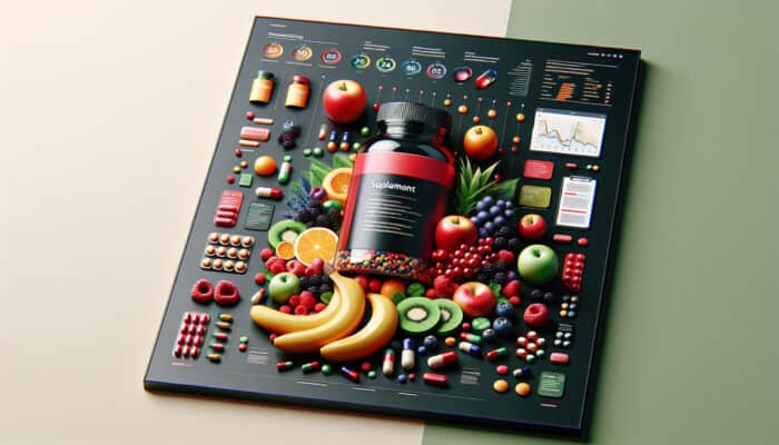 Vibrant supplement advertisement featuring colourful pills and fresh fruits in a dynamic modern layout with bold red and green colours.