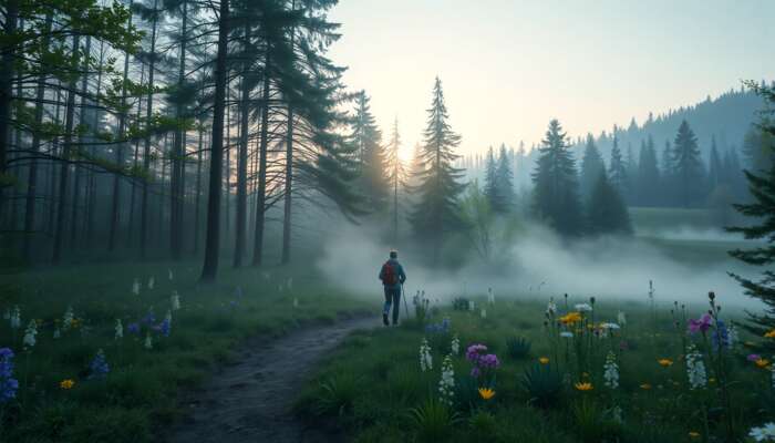 A solo hiker steps onto a misty forest trail at dawn in spring, surrounded by vibrant wildflowers and fresh greenery under a clear sky.