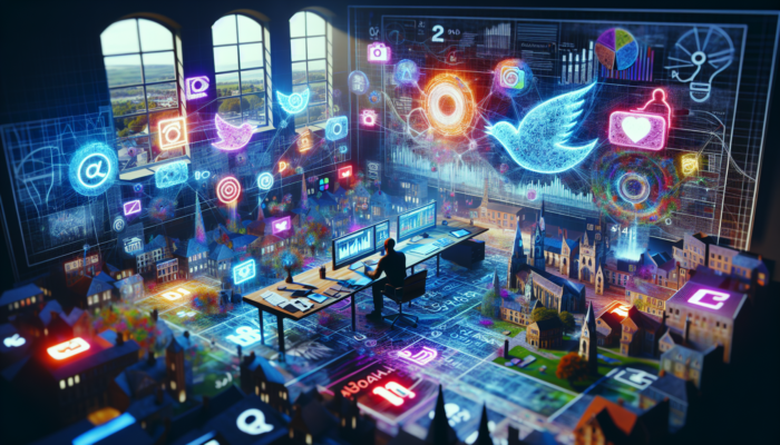 Detailed overview of social media management services in Shaftesbury, showcasing a marketer analysing social media metrics on multiple screens accompanied by local landmarks.