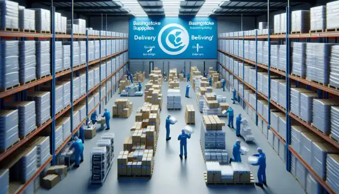 A bustling warehouse in Basingstoke with shelves of polythene gloves, workers in blue uniforms packing orders, and signage for local suppliers.