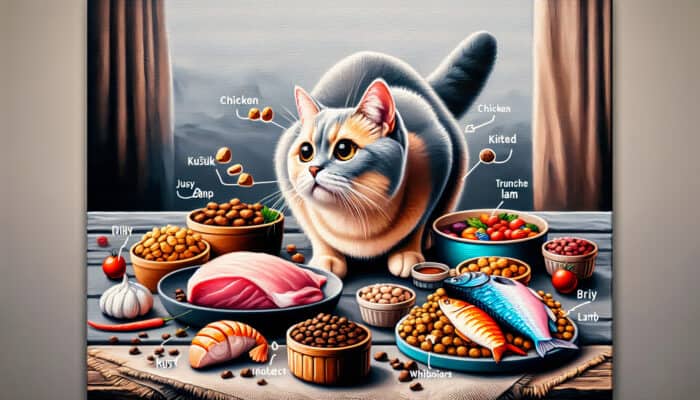 A curious British Shorthair cat explores various foods like chicken, fish, lamb, kibble, and wet food on a wooden kitchen table.