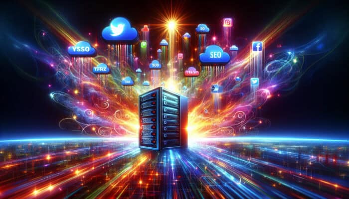 Vibrant social media icons like Twitter and Facebook surround a glowing web hosting server, illuminated by SEO beams, symbolising enhanced online visibility.