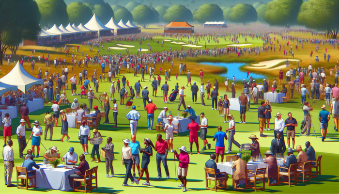 Benefits of Golf Charity Events: Busy scene at a South African golf charity event in Gauteng: diverse workers setting up tents, organizing logistics, and maintaining greens, symbolising 30-50 job creations.