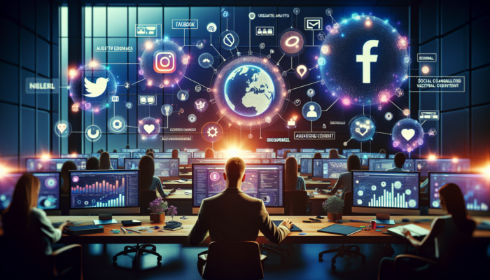 Social Media Management in Bridgwater for Small Business: A focused social media manager in a vibrant Bridgwater workspace strategizes content for Facebook, Instagram, and Twitter amid glowing analytics screens and creative idea boards.