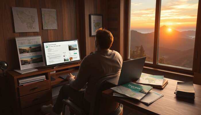 A traveller in a cosy room sits at a desk with a laptop displaying hotel options, surrounded by maps and a picturesque mountain sunset view.