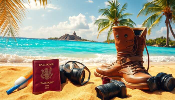A vibrant Belizean beach showcasing travel essentials: passport, sunscreen, snorkel gear, hiking boots, and camera on golden sand near waves and palm trees.