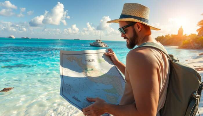 A traveller examining a detailed map of Belize on a sunlit beach, surrounded by turquoise waters, lush rainforests, Mayan ruins, and vibrant marine life.