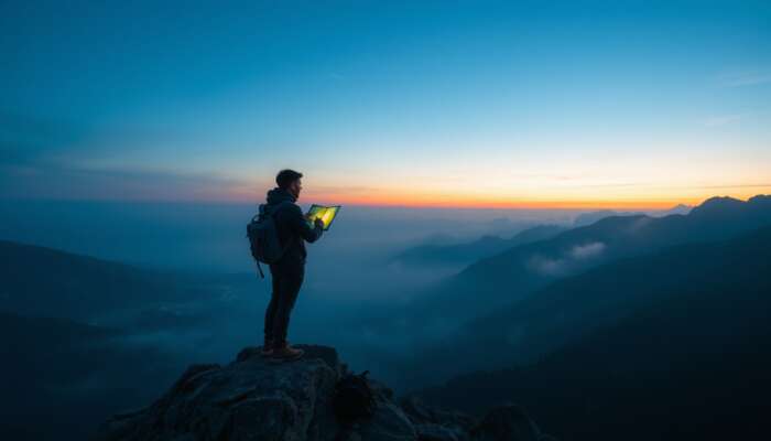 A solo traveller stands on a misty mountain peak at dawn, checking a glowing map and watch, with a serene valley below.