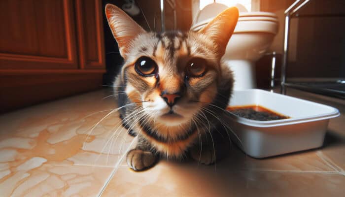 A lethargic tabby cat with dull fur and sunken eyes crouches near a litter box with dark urine in a sunlit home, indicating dehydration.