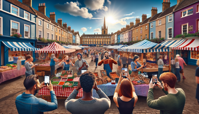 A bustling market square in Midsomer Norton showcasing historic Georgian architecture, colourful stalls, and marketers capturing Instagram moments under a sunny sky.