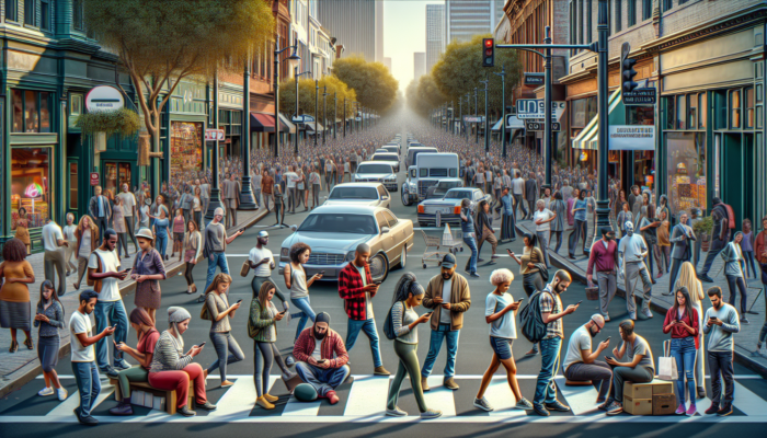 Vibrant Berkeley street scene: business owners posting on smartphones with social media feeds of local events, as influencers engage a diverse crowd.