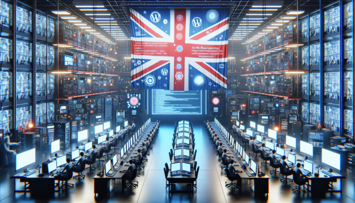 Modern UK workshop in Patchway: WordPress experts updating sites on screens with code and security shields under a Union Jack banner.