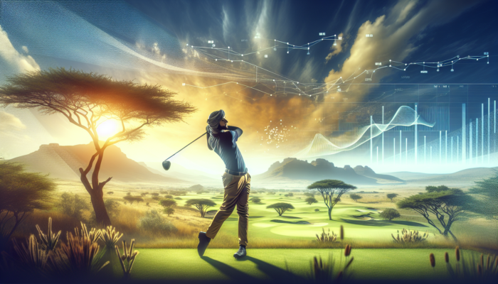 A golfer mid-swing demonstrating weight transfer on a lush South African course with hills, trees, and sunset.