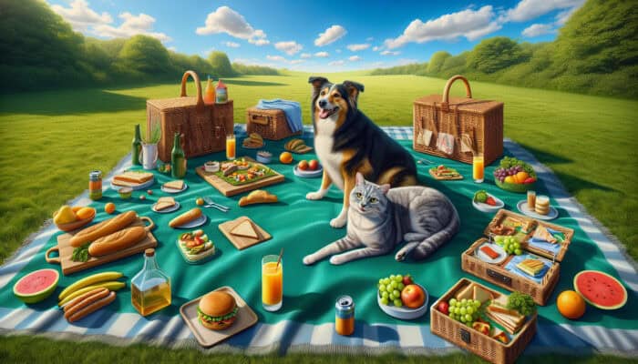 Picnic Ideas for Pet Families: A dog and cat lounging on a water-resistant picnic blanket in a sunny park, surrounded by baskets, snacks, and green grass.