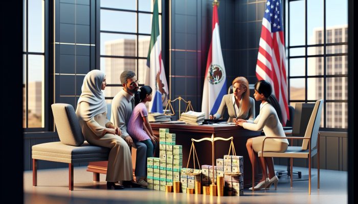 A diverse family consults a debt advisor in a government office, with bills merging into a ledger, scales of justice, flags, and financial charts under warm light.