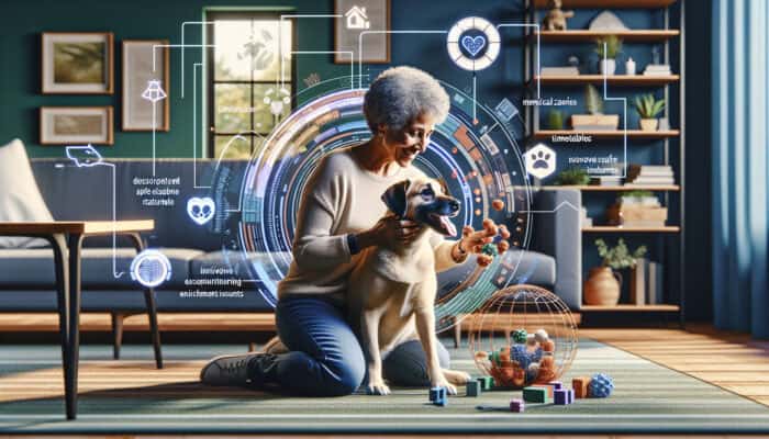 A content dog plays with interactive toys in a cozy living room, receiving gentle affection and positive reinforcement from its owner.