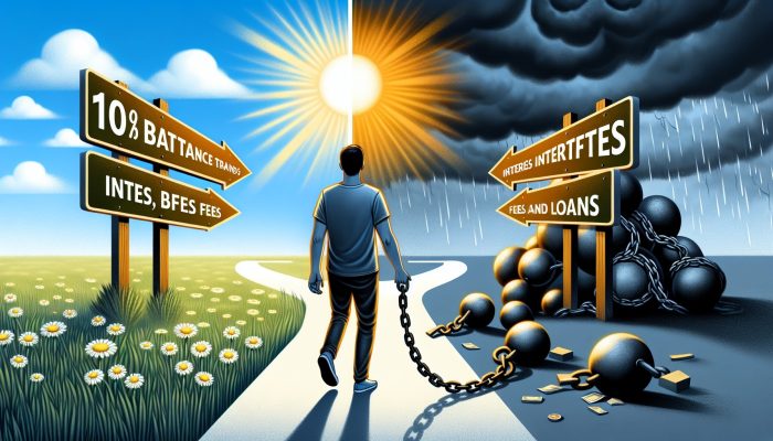 Debt Consolidation or 0% Balance Transfer?: Choose the Best Option | DCL Borrower at crossroads: left, sunny path with 0% balance transfer cards; right, stormy path with chains of fees and loans.
