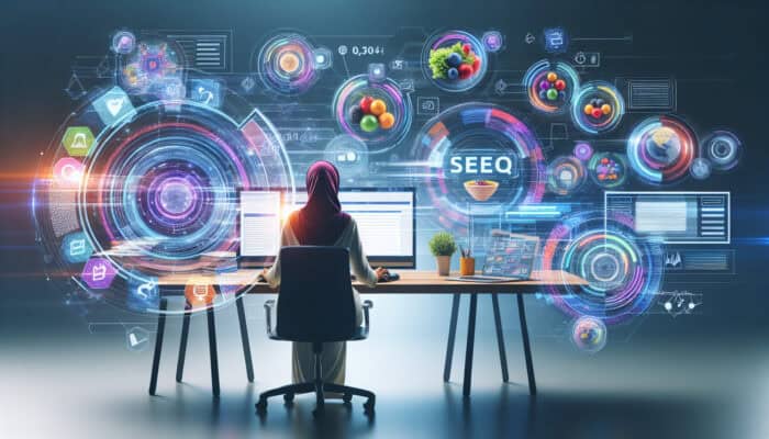 An analyst focused at a sleek workspace, surrounded by floating holographic keywords, reviewing SEO graphs on multiple screens.