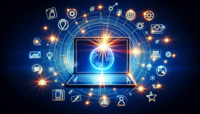 A futuristic digital workspace displaying a laptop with search results for "comfortable running shoes for flat feet," surrounded by floating SEO keywords like "eco-friendly summer dresses."