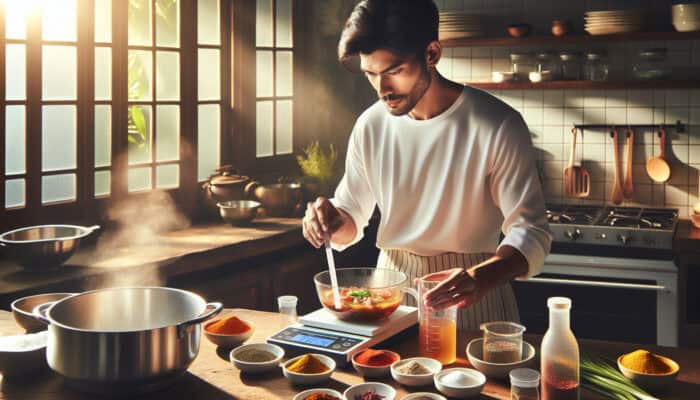In a sunlit kitchen, a meticulous chef measures vibrant spices and broth on a digital scale for laksa, with steam rising from a simmering pot.