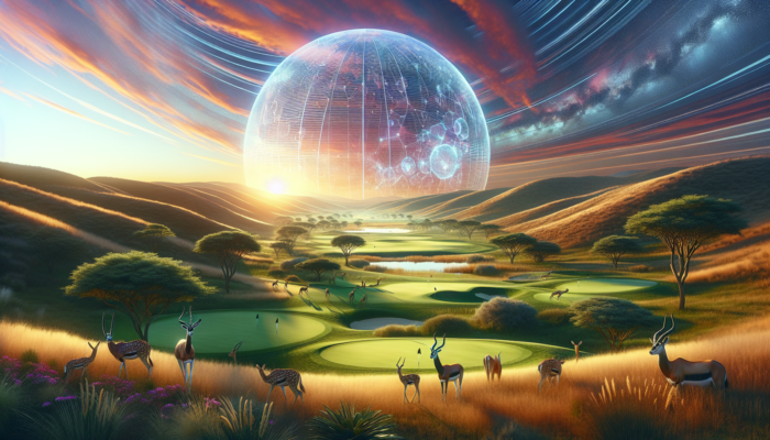 Luxurious Cullinan Golf Club with green fairways, rolling hills, zebras, antelopes, ruins, and a dramatic African sunset.