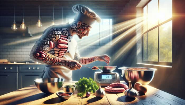 A chef measures sausage ingredients on a digital scale in a sunlit kitchen, balancing 70% meat with fat, spices, and herbs.