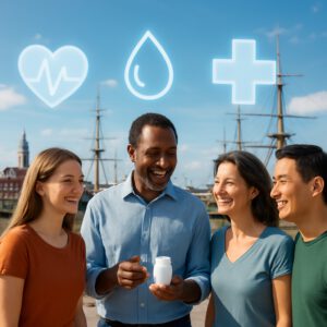 Diverse people smiling in Portsmouth harbor, exploring FBC test health benefits amid historic ships and sunny skies.