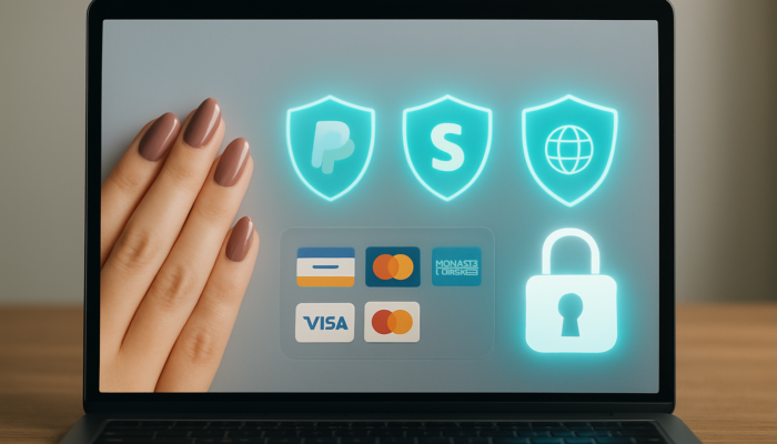 Modern checkout screen with PayPal, Stripe, WorldPay icons, secure locks, and encryption shields.