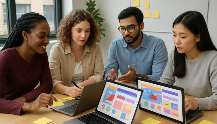 Diverse team testing vibrant ecommerce site in modern office with laptops and sticky notes.