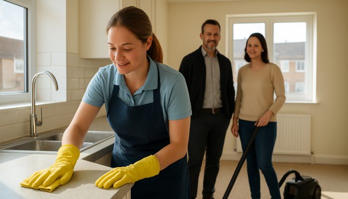 Professional cleaner in a Yeovil home wiping countertops and vacuuming carpets, while tenant and landlord smile at the immaculate interior.