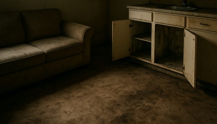 Dimly lit rental apartment with dust behind sofa, mouldy cupboards, and stained carpets awaiting inspection.