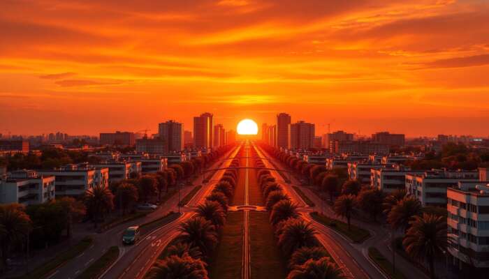 Symmetrical urban landscape during golden hour, featuring winding paths leading to a vibrant focal point with bold warm and cool colour contrasts.