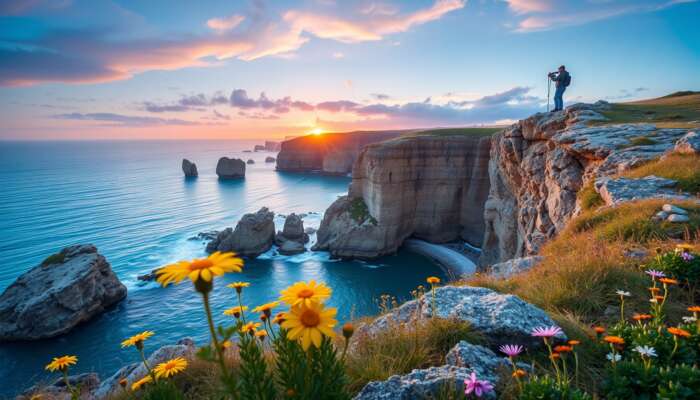 Photographer on coastal cliff at dawn capturing a vibrant sunrise over turquoise waters, with golden light illuminating wildflowers and rugged rocks, avoiding crowds.
