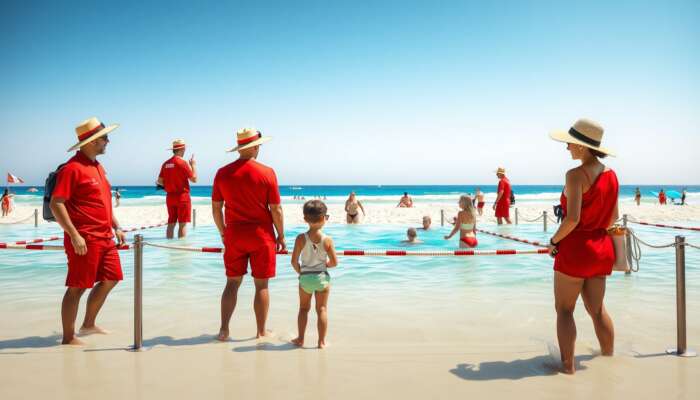 Beach scene featuring lifeguards in red uniforms supervising swimmers in designated areas, families wearing hats and sunglasses under the bright sun.