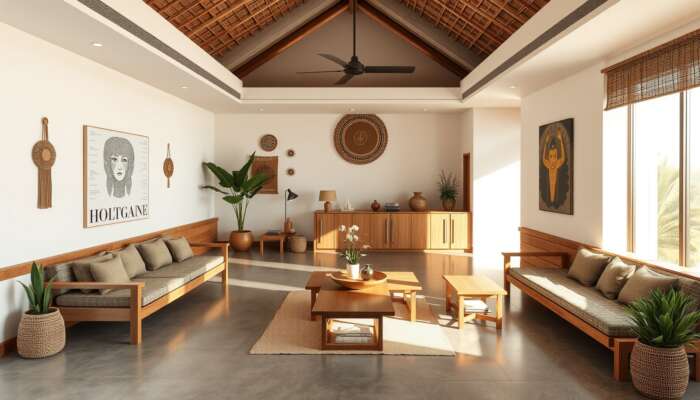 Modern boutique hotel lobby featuring minimalist design, sustainable wooden furniture, indigenous crafts, and local artwork illuminated by natural light.