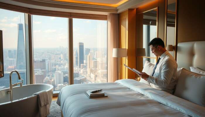 A hotel inspector examines crisp linens and shining fixtures in a luxurious five-star suite, holding a checklist with a city view bathed in golden light.