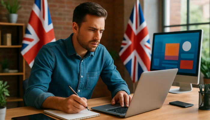 Determined entrepreneur in Keynsham office designing a budget website with digital tools and British flags.
