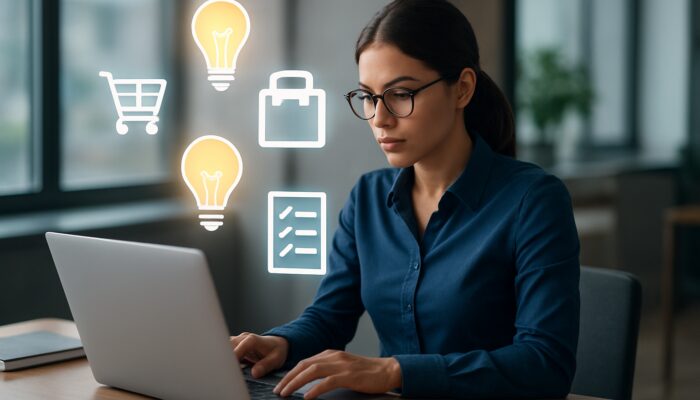 Digital marketer crafting e-commerce content at desk with floating icons and ideas.
