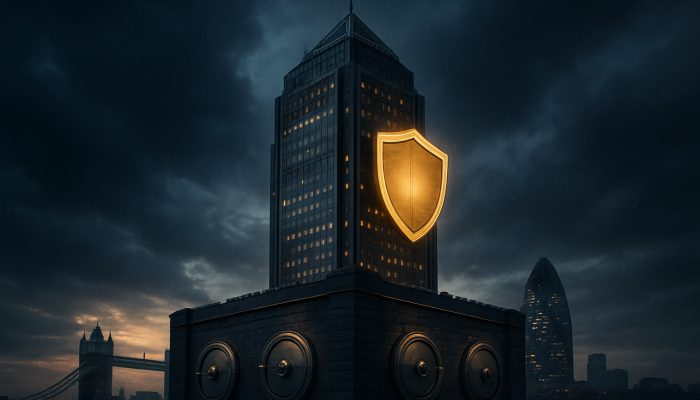 Talking to a Broker about Safer Structures: Essential Tips | DCL Fortified London skyscraper at dusk, with glowing shields and vaults symbolising financial stability.