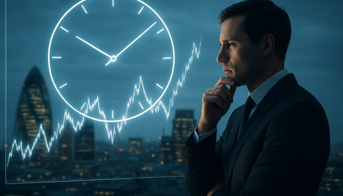 Talking to a Broker about Safer Structures: Essential Tips | DCL Sharp-dressed London broker analysing stock market graphs on a screen with clock for optimal investments.