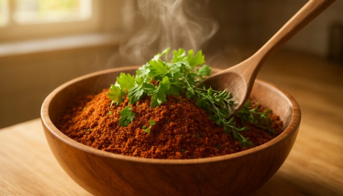 Homemade suya spice mix in a wooden bowl with fresh coriander and thyme, stirring in a sunlit kitchen.