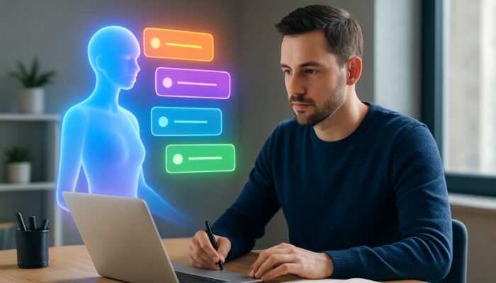Holographic virtual assistant projecting colourful, prioritised task notifications around a focused user in a modern workspace.