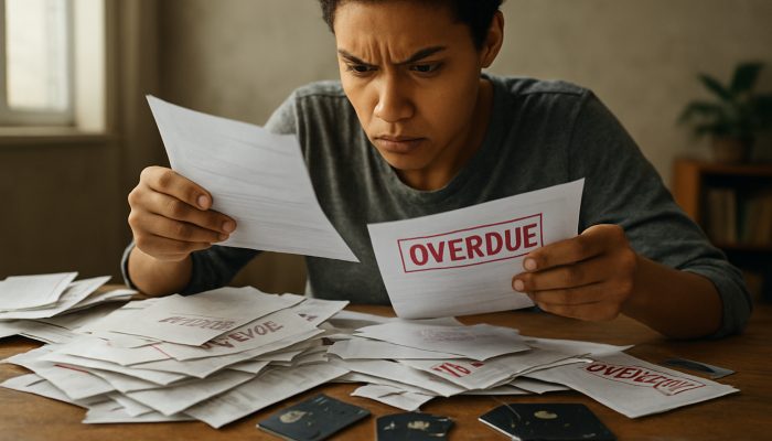 Can You Still Tidy Debts With Bad Credit: Proven Methods | DCL A determined person sorting overdue bills and broken credit cards on a cluttered desk, symbolising debt management with bad credit.