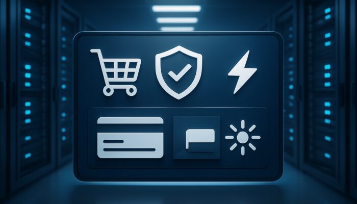 E-commerce dashboard displaying server racks, shopping carts, and secure payment icons for dependable hosting support.