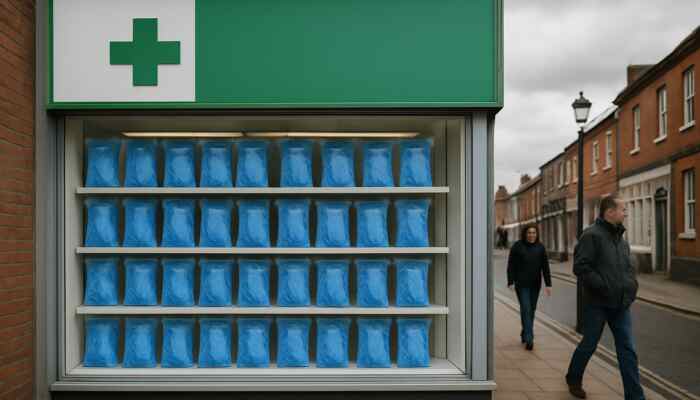 Sterile blue medical gloves displayed prominently in a pharmacy window in Burton upon Trent.