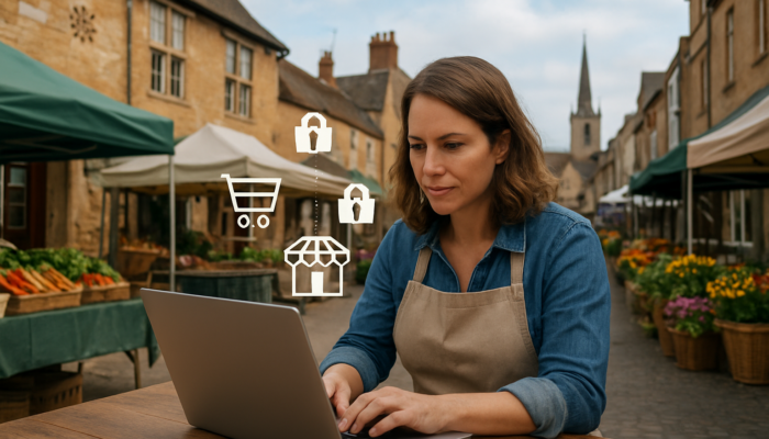 Small business owner in Newent configuring WooCommerce dashboard on a laptop amid market stalls and e-commerce icons.