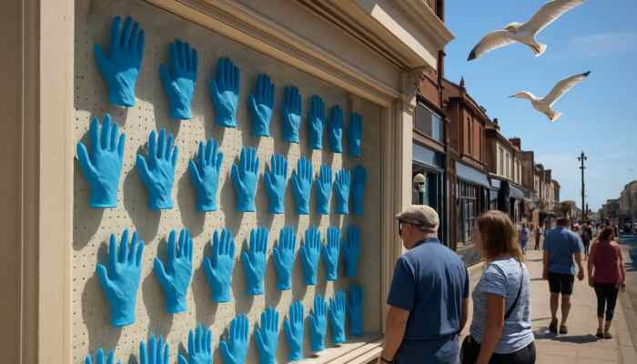 Display of blue latex gloves in a bright shop window in Lytham St Annes, illuminated by sunlight and accompanied by soaring seagulls.