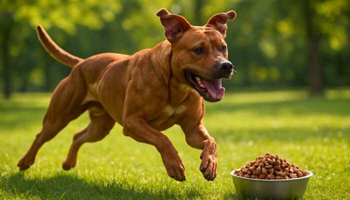 Muscular dog sprinting in a sunny park with a high-protein kibble bowl nearby.