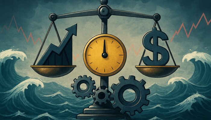 Financial scale balancing the Calmar Ratio amidst stock market fluctuations and mechanisms adjusting for volatility and risk.